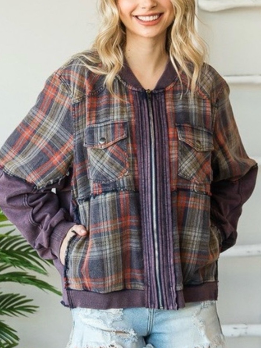 Oli & Hali Plaid Zip-Front Bomber Jacket in Multi-Color size Medium